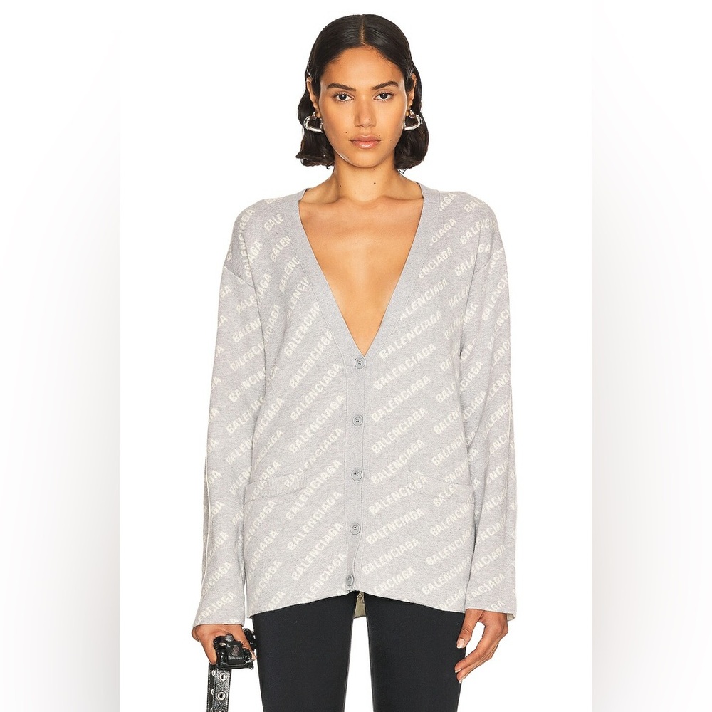 Balenciaga Logo Intarsia Knit Gray Unisex Cardigan S